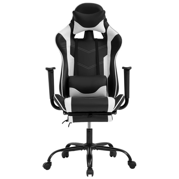 Gaming Chair Ergonomic Computer Racing Style Office Chair Adjustable High Back Gamer Chair for Home Office with Footrest Headrest Lumbar Support,White