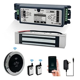WiFi Access Control 400lb Holding Force Electic Magnetic Door Lock System Kit with Remote and Smartphone app Control, paired with Wireless Metal Touchless Round Switch (Electric Magnetic Lock kit)
