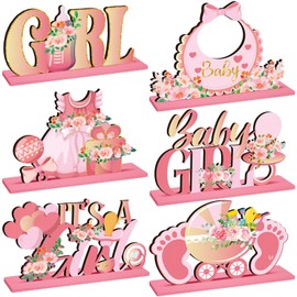CroBlissful 6 Pcs Pink Gender Reveal Table Centerpiece It's a Girl Wooden Baby Shower Decorations Floral Baby Girl Pregnancy Announcement Wood Tabletop Sign Decor for Home Party, 6 Styles