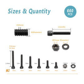 660 Pcs M2 Screw Assortment,M2*4mm/6mm/8mm/10mm/12mm/16mm,12.9 Grade Alloy Steel, Metric Hex Socket Head Cap Screws Nuts Washers Kit, Black Zinc Plated Anti Rust Upgrade