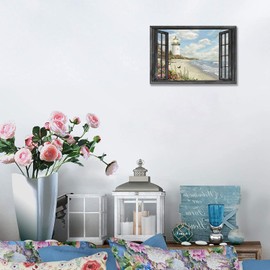 Lighthouse Nautical Wall Art Coastal Beach Pictures Canvas Prints Ocean Decorations Painting Framed Window Seascape Artwork Gifts Office Home Decor for Bathroom Dining Living Room 24"x16"