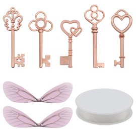 50Pcs Small Vintage Skeleton Flying Key Metal Pendant Craft Charms with Wing and Crystal String for DIY Jewellery Making Chain Keyring Christmas Wedding Party Favours Room Decor (Rose Gold)