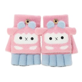 Boys Girls Winter Warm Half-Finger Gloves Cute Cartoon Sheep Gloves Thermal Knitted Flip Top Gloves Fingerless Mittens Biking Cycling Gloves Hand Warmer Soft Lined Fleece Gloves for 6-9 Yrs Gifts