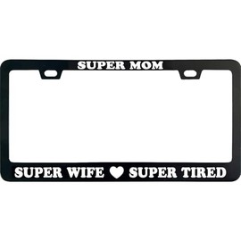 ZzUSoo Mom Super Wife License Plate Frame, 12 X 6 Inch Black Stainless Steel Car Accessories for Women, with 2 Holes & Screws