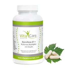 Vitacare Intestinal Flora 21+, 180 Capsules with 21 Bacterial Cultures, Vegan & Stomach Resistant, Culture Complex with Inulin, 21 Bacterial Strains with Prebiotic