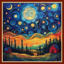 Findvoor Stamped Cross Stitch Kits for Beginner, Needlepoint Printed Cross Stitch Kits for Adults, 11 CT Cross Stitch Patterns Embroidery Kits Cross-Stitch Supplies-Van Gogh Starry Sky 18x18 inch