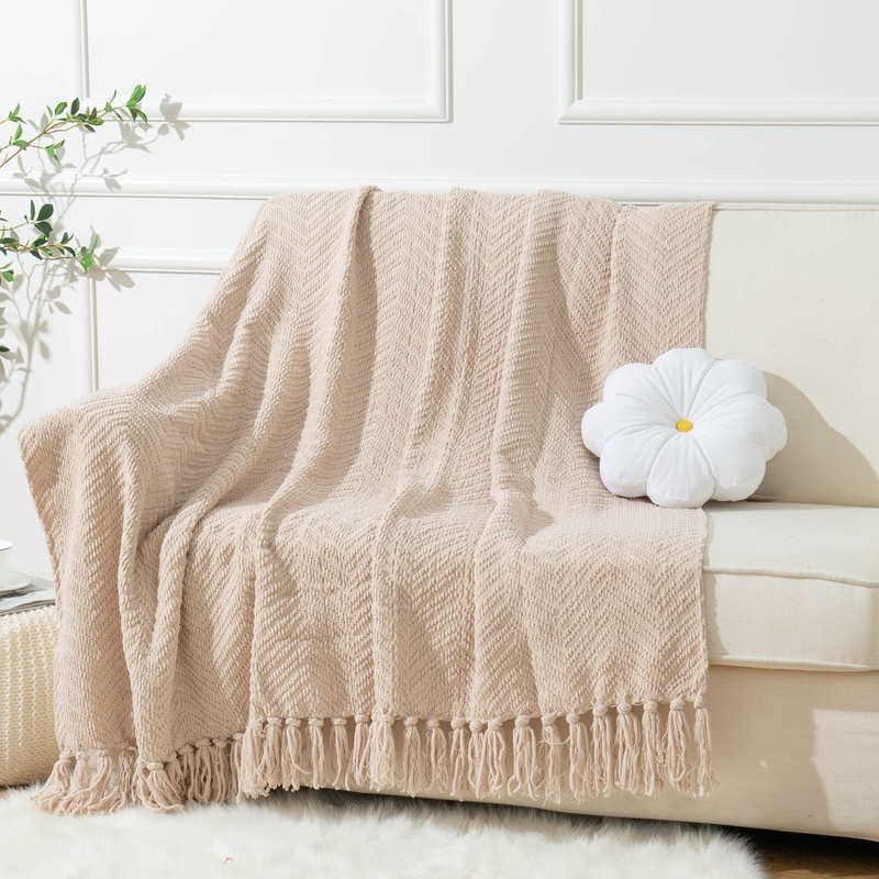 Battilo Beige Throw Blanket for Sofa Bed Couch Chair, Beige