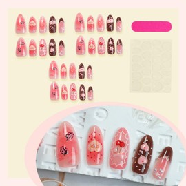30pcs French love Press on Nails Almond Medium Fake Nails with Cute Cherry Bowknots Ladybug Strawberry Lip Designs, Decor False Nails Blush Pink Cute Stick on Nails for Women Girl Daily Wear