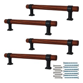 bociloy 4Pcs 6.6” Walnut Wood Drawer Pulls, 128mm/5 Hole Center, Kitchen Cabinet Hardware Handles, Metal and Wooden Cabinet Knobs, T Bar Knob Pull Handles for Wardrobe, Dresser, Cupboard