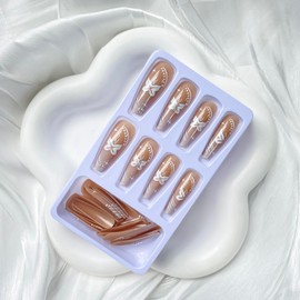 24 Pcs French Press on Nails Long Coffin Fake Nails with White Gradient Pearl Butterfly Designs Nude Pink False Nails Glossy Full Cover Glue on Nails for Women Nail Art Decoration