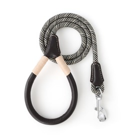 Mile High Life Genuine Leather Wrapped Handle Dog Leash, w Heavy Duty Clasp Rope Leash for Small Medium Large Dogs (Black Beige, 4FT)