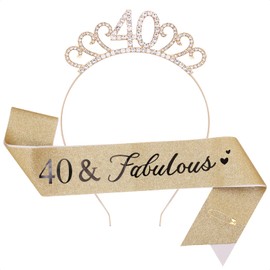 TOPWAYS 40th Birthday Girl Women Decoration Sash and Tiara Kit, Birthday Gifts Fabulous Sash & Headband Crown Birthday for 40th Birthday Decoration Girls Women (40 Fabulous, Gold)