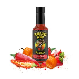 Hot Sauce Bottle. Includes One-5 Oz Tennessee Hillbilly Spicy Hot Sauce. Hickory-Smoked, Gourmet Blend Medium Spicy Sauce with Jalapeños & Habaneros. Spicing Up Any Dish.