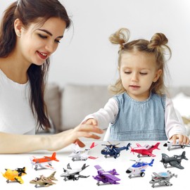 deAO Set of 12 Pull Back Airplanes Vehicle Playset Variety Pack of Helicopters, Stealth Bombers, Fighter Jets, Aircraft, Planes, Multicoloured (Standard Edition)