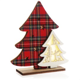 com-four® LED Tree as Decorative Lighting - Light Tree as Decoration - Wooden Christmas Tree - LED Lighting as Mood Light (Tree - Red Checked)