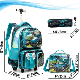Egchescebo Kids Rolling Backpack for Boys Sand Buggy Suitcases Trolley Roller Luggage Backpacks on Wheels with Lunch Box Pencil Case for Elementary Multiple Function Pockets Travel school Bag Blue
