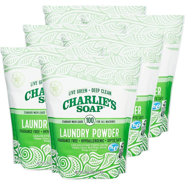 Charlie’s Soap Laundry Powder (100 Loads, 6 Pack) Hypoallergenic Deep Cleaning Washing Powder Detergent – Eco-Friendly, Safe, and Effective