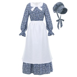 LTAKK Colonial Dress Women Prairie Pioneer Dresses Floral Pilgrim Costume, Blue, Large