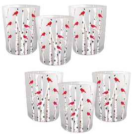 Cardinal Candle Votive Holders - Set of 6 - Frosted Glass - Red Cardinals on Birch Tree Branches