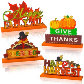 4 Pieces Thanksgiving Party Decorations Wooden Happy Fall Y'all Party Supplies Thanksgiving Centerpieces Autumn Table Decorations for Home Party Holiday