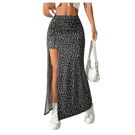 GORGLITTER Summer Skirt Women's Long Boho Skirt with Slit Floral Skirt Maxi Skirt with Flowers Beach Skirt Long Skirt Elegant Casual Skirt, black, L