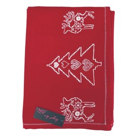 Ragged Rose Christmas Table Cloth - Festive Linen Tablecloth with Nordic Style Prints for Living Room & Kitchen - Cotton Tablecloth That Fits a 6-7 Ft Table (WHITE ON RED EMBROIDERD)