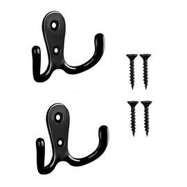 Lansonee 2 Pcs Double Prong Robe Hooks, Dual Coat Hooks Wall Mounted Hanging Clothes for Bathroom Bedroom Door Wall Retro Metal Cloth Hanger Double Coat Hooks with 4 Screws (Black)