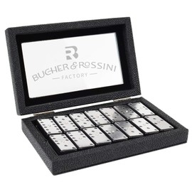 Bucher&Rossini Metal Surface Dominoes Set Double 6 - Claasic Black Domino's Game Set with Silver Metal Surface for Adults and Kids Ideal Gift for Domino Players or Family Game Night