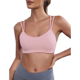 AugIris Yoga Sports Workout Bras for Women Seamless Molded Cup Spaghetti Double Strap Bra Wirefree Scoop Neck Tank Top Bras Light Pink