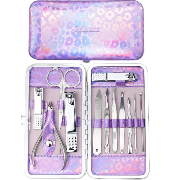 ZIZZON Nail Clippers Kit Manicure Pedicure set with Holographic Case(Purple)