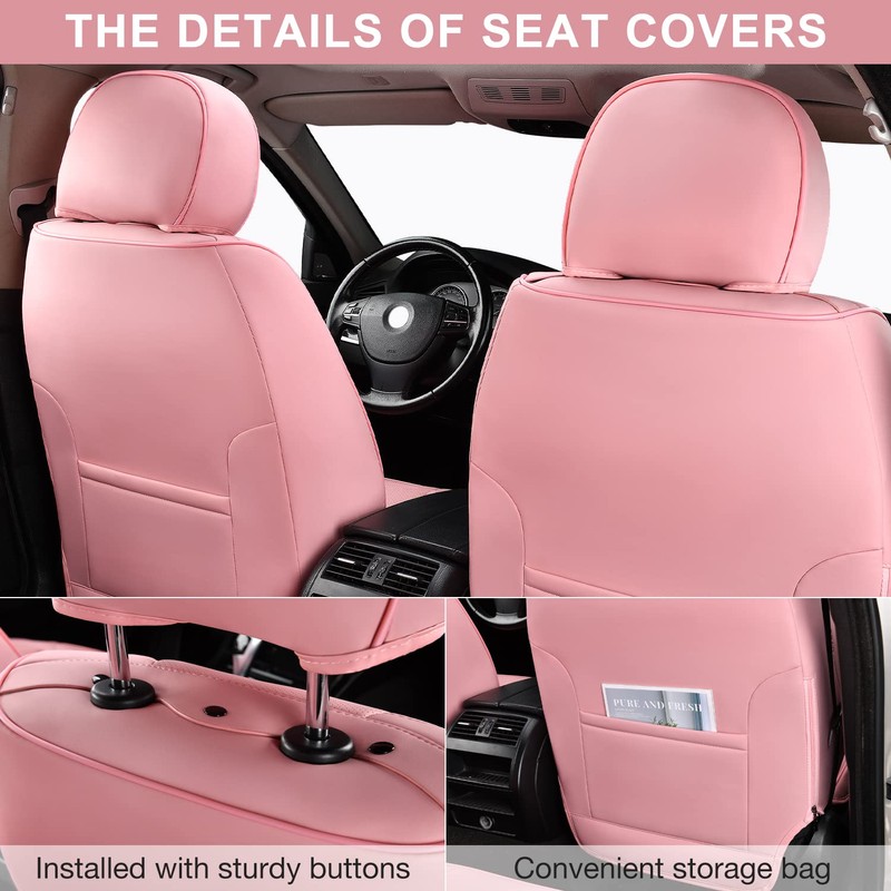 TIEHESYT Pink Car Seat Covers Front Pair, Breathable Leather Automotive