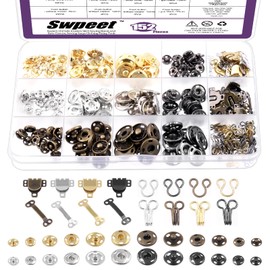 Swpeet 152Pairs 3 Styles 4 Colors Skirt Hooks and Eyes Sewing Hook with Metal Sewing Snap Buttons Assortment Kit, Sewing Snaps Hook and Eye Latch with Metal Press Studs for Clothing