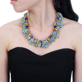 Vintage Crystal Rhinestone Statement Choker Bib Statement Necklace Earring Fashion Costume Jewelry Set for Women Blue