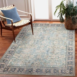 Liora Manne Inspirations Indoor Printed Polyester Low Profile Area Rug - Traditional Border Casual Floral Oriental (Sarouk Aqua) (3'9" x 5'7")