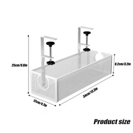 Under Desk Cable Management Tray, No Drill Metal Mesh Cable Organiser with Clamp Mount for Wire Management, 2 Hole Cord Organization Box, Cable Rack for Home, Office and Standing Desk, Easy to Install