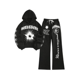 GORGLITTER Women's Y2k Graphic Sweat Suit 2 Piece Track Suit Oversized Hoodie and Wide Leg Sweatpants Set Black Large