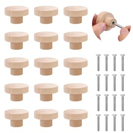 HIQE-FL Wooden Door Drawer Handles, Pack of 15 Furniture Knobs, Wooden Drawer Handles, Cupboard Knobs, Cabinet Knobs with Screws, Knobs for Cabinets and Drawers, Round, Wood