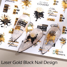 Holographic Gold Nail Art Stickers, 3D Flowers Nail Self-Adhesive Sticker Design, Laser Gold Floral Rose Leaf Nail Art Decals Supplies for Women Manicure Sparkly Decorations, DIY Transfer Nail Decal