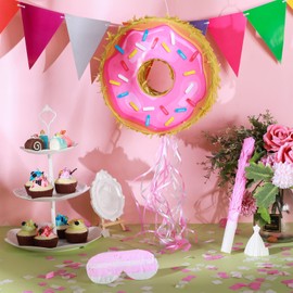 Donut Pinata with Strings 12 Inch Small Doughnut Pinata with Pink White Stick Blindfold Confetti for Boy Girl Donut Grow up Birthday Party Anniversary Celebration Cinco De Mayo Fiesta Decor Supplies