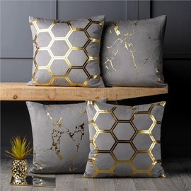 Red Rainbow 4 Pack Gold Metallic Velvet Cushion Covers Marble Hexagon 18 inch 45 cm Square (Grey)