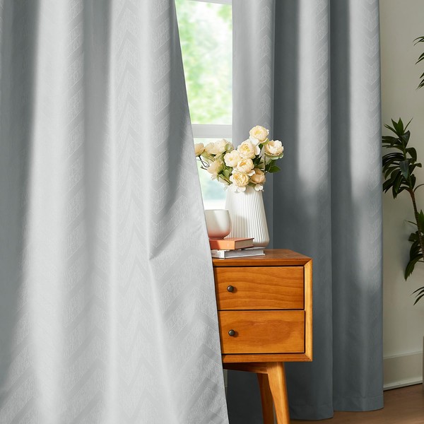 Grey Full Blackout Window Curtains for Bedroom with Geometric Chevron