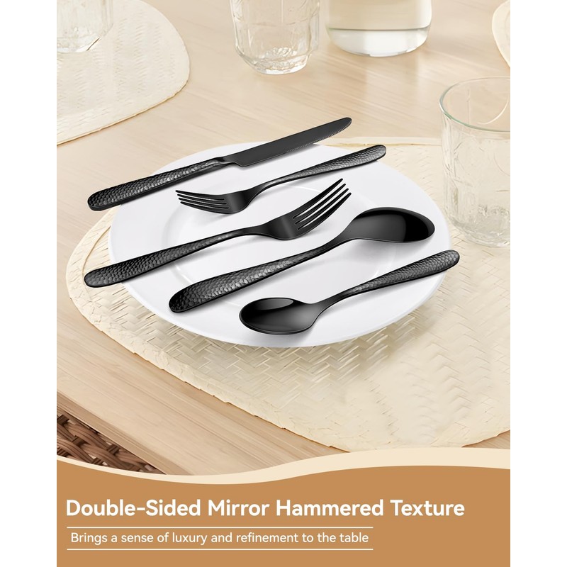 Hammered Silverware Set for 8, Heavy Duty 18/0 Black Flatware