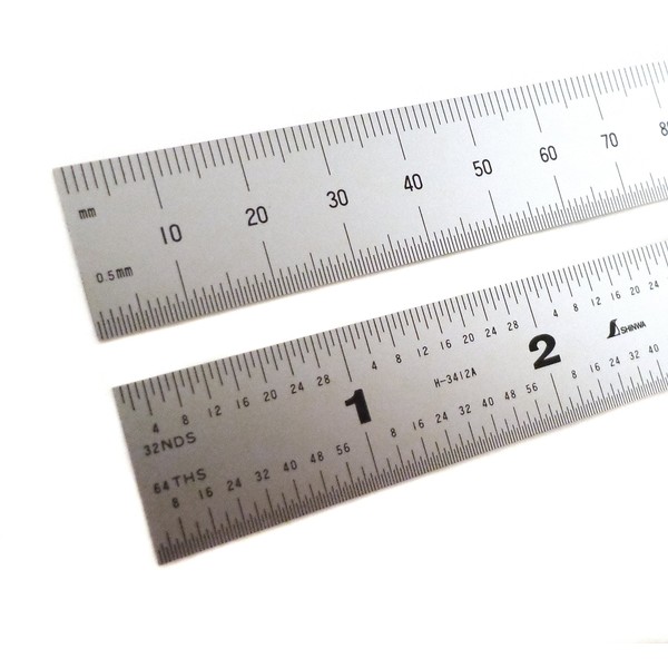 Shinwa 12" 300 mm English Metric Rigid (1.250 wide x .040 thick) Zero Glare Satin Chrome Stainless Steel E/M Machinist Engineer Ruler/Rule with Graduations in 1/64, 1/32, mm and .5mm Model H-3412C