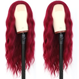 EVLYNN Red Wig Long Wavy Burgundy Wigs for Women Long Curly Wine Red Wig Loose Wave Red Synthetic Lace Front Wig for Daily Party Use 24 Inch