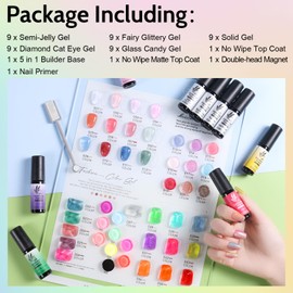 Lavender Violets 49 PCS Gel Nail Polish Set, 45 Colors Cat Eye Reflective Glitter Gel Polish with Nail Primer, Base Coat, Glossy & Matte Top Coat Jelly Nude Red Brown Gifts for Women