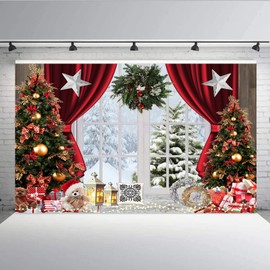 Aisnyho Christmas Backdrop Winter Snow Scene Red Curtain Garland Gifts Tree Xmas Backdrops Background for Photography Family Party Decorations New Year Picture Banner (8x6FT)