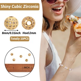Craftdady 10Pcs 8mm Cubic Zirconia Round Loose Beads 18K Gold CZ Micro Pave Setting Disco Ball Spacer Beads Crystal Rhinestone Bracelet Connector Charm Beads for Necklace Earring Jewelry Craft