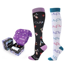 Hawkwell 2 Pairs Compression Socks for Women Circulation 15-25 mmHg Support for Nurse Sports Running Cycling Travel, Black White A04,L/XL