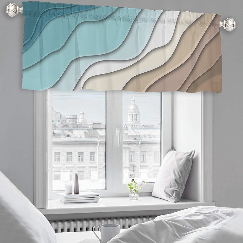 Curtain Valance for Windows Teal Blue Geometric Modern Aesthetic Rod