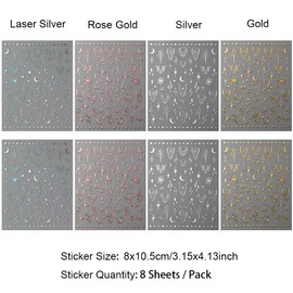 8 Sheets Sun Moon Star Nail Stickers for Nail Art, 3D Laser Nail Decals Rose Gold Silver Nail Art Stickers Boho Sun Totem Stars Moon Heart Charm Nail Designs Nail Stickers for Women Nail Supplies
